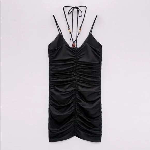 ZARA BLACK RUCHED BEADED HALTER TIE CAMI STRAP MINI DRESS SIZE MEDIUM NWT - Picture 4 of 5